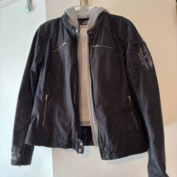 Ladies Harley Davidson Black Cotton 2 in 1 Jacket w/Removable Gray Vest LARGE - Picture 3 of 9